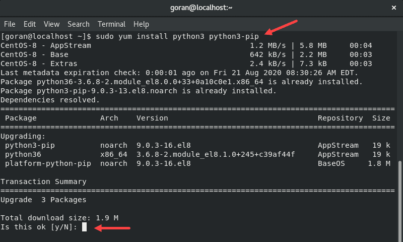 Installing python3 in the terminal on CentOS