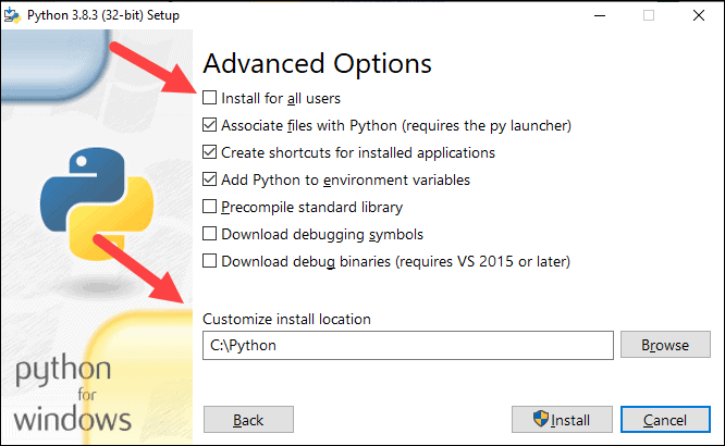 Python installation, advanced options step