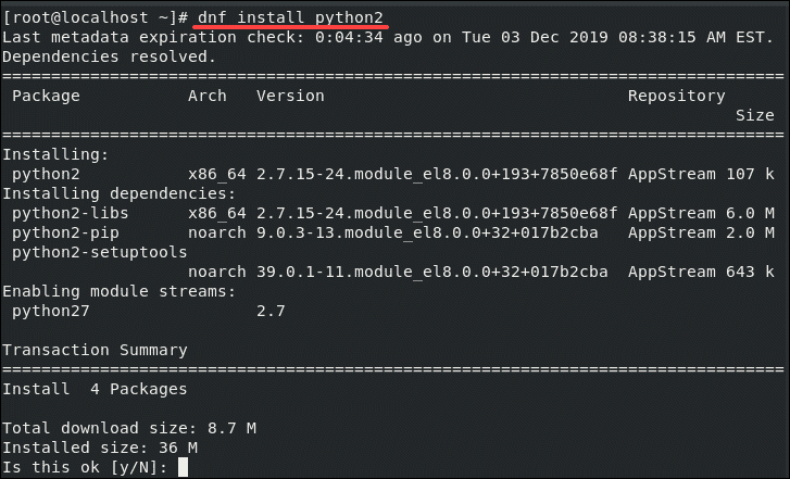 installing Python 2 on CentOS 8