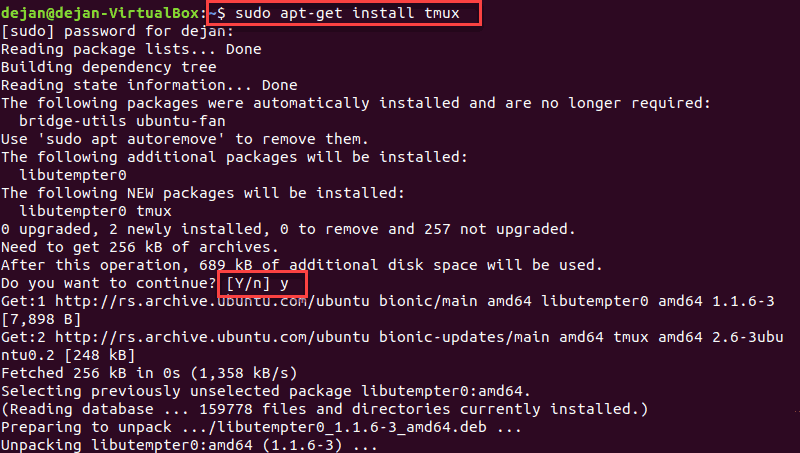 Terminal command to install tmux on Ubuntu