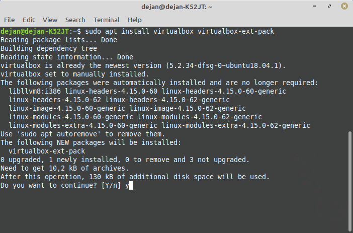 Terminal VirtualBox installation process in the Linux terminal.