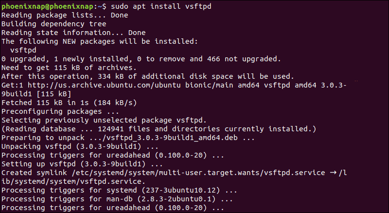 vsftpd installation process.