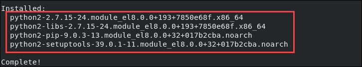 output confirming Python 2 has been installed on CentOS 8