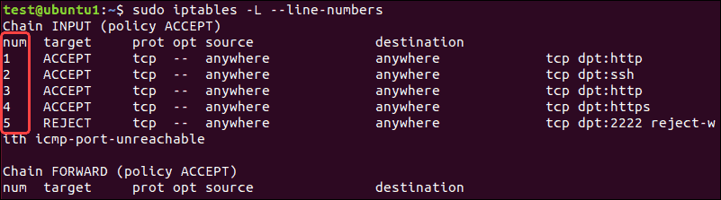 displaying list of iptables firewall rules numbers