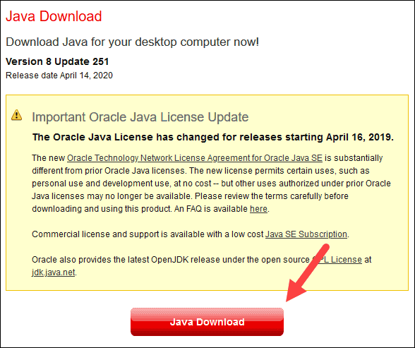Java download page in a browser