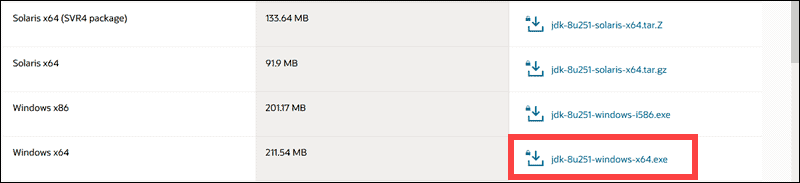 Location of the Java 8 download link on the official Oracle download page.