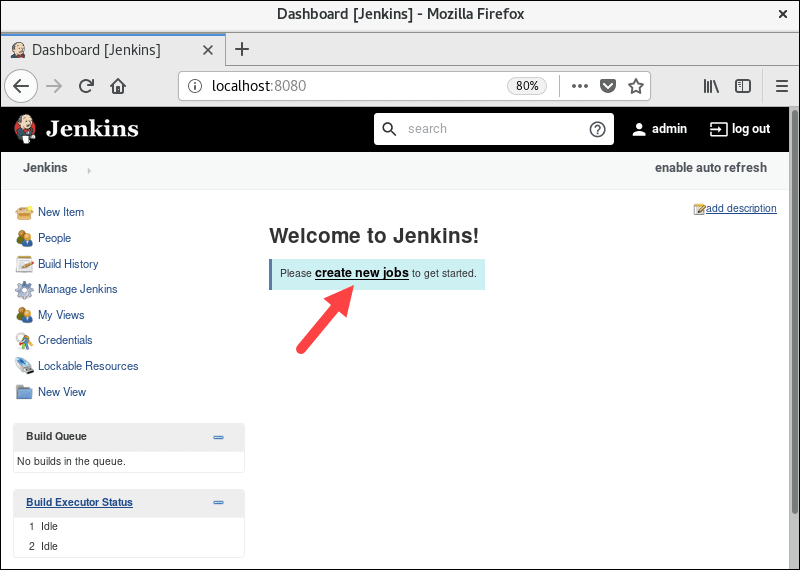 Jenkins dashboard homepage where you can start new jobs.
