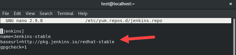 The Jenkins repo file after manually adding a repository in nano