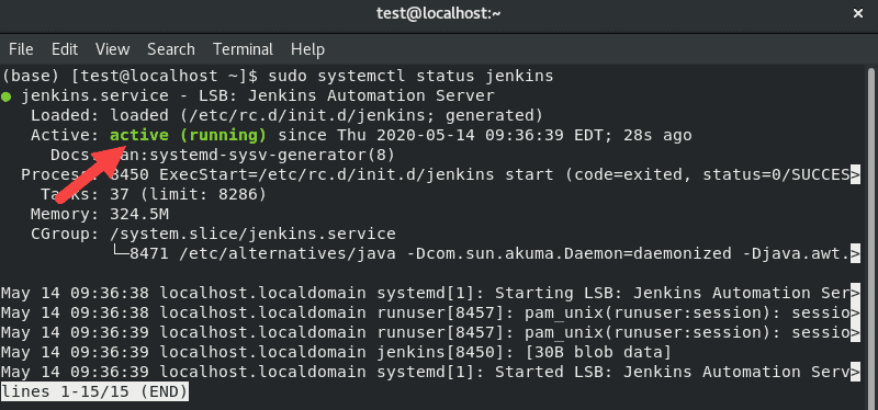 CentOS terminal showing Jenkins status.