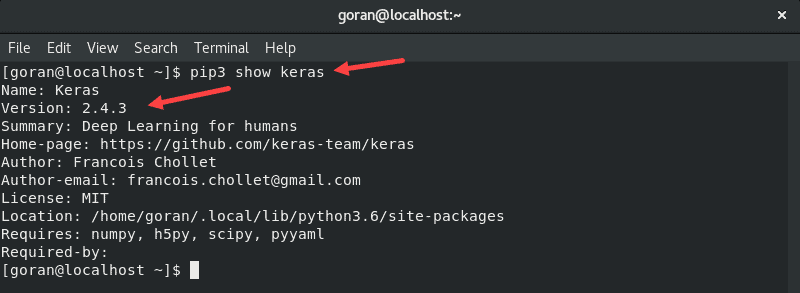 Showing Keras version in the terminal