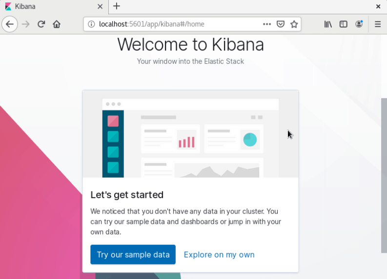 The Kibana dashboard welcome screen.