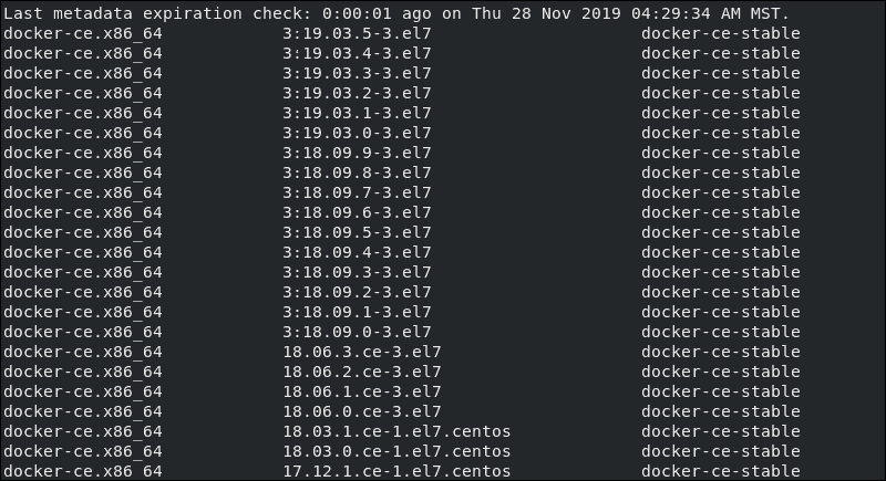 A list of docker-ce versions available for installation on system