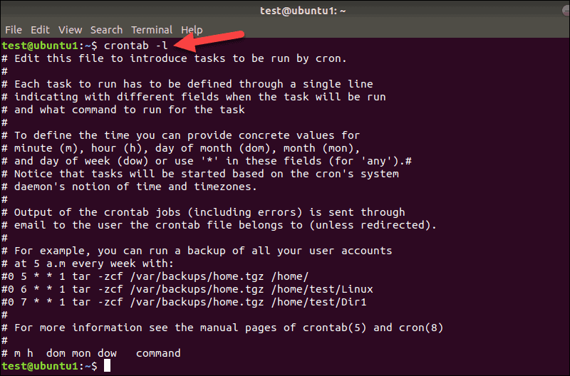 Terminal output for the crontab list command in Linux