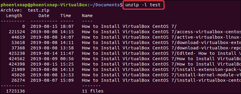 List of files within test.zip.