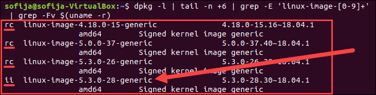 List kernels with installation status on Linux to find kernels available for removal.
