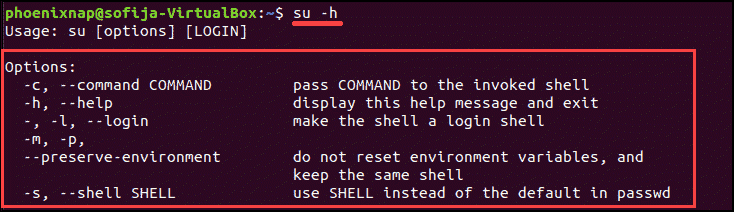 Display a list of su commands in Linux.