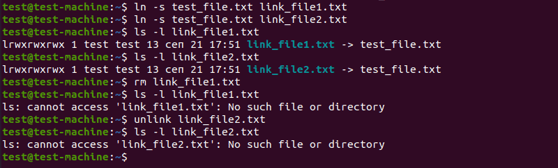 Deleting link files using rm and unlink commands