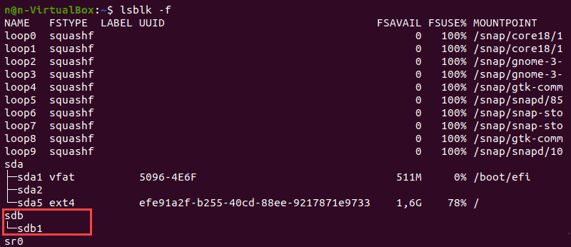 Locating non-formatted partitions with lsblk -f command.