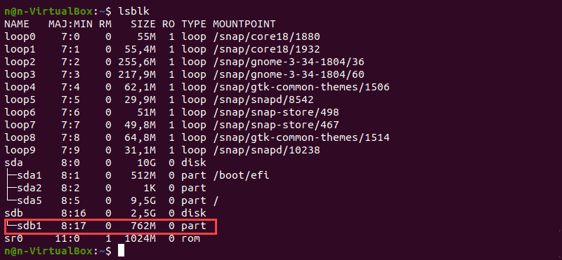 Locating partitions with lsblk command.