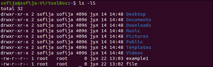 Long listing format of files and directories sorted by file size with ls -lS command.