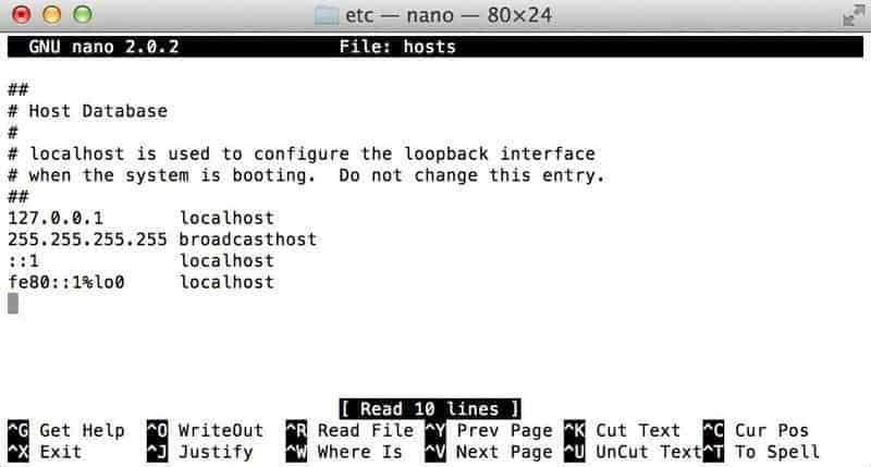 MacOS hosts file opened in nano.