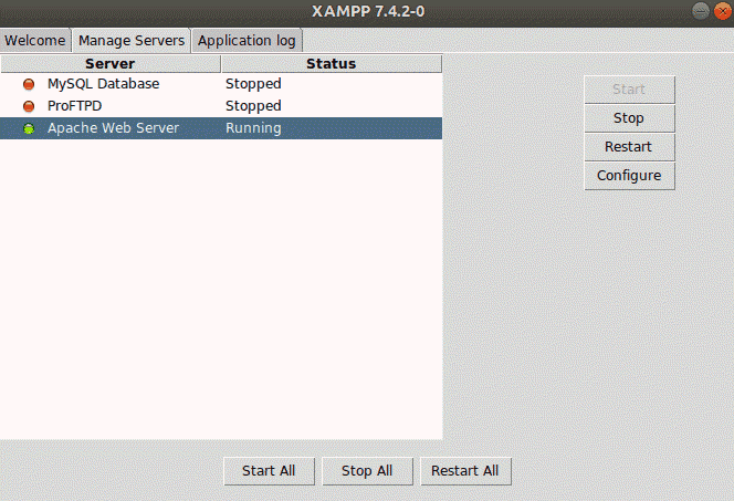 XAMPP dashboard for managing virtual servers.
