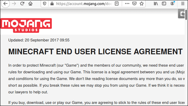 Minecraft end user license agreement.