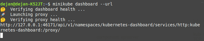 Terminal command to get the Minikube dashboard URL for accessing it via browser.