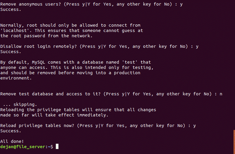 MySQL Security settings in the terminal