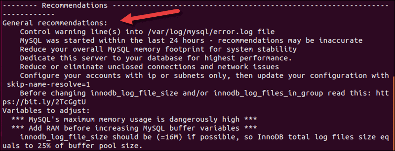 The General Recommendations section of the MySQLTuner script.