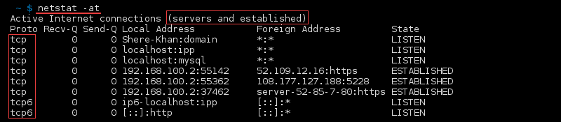 Terminal output of the command netstat -at