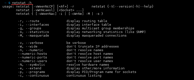 Terminal output of the command netstat -h