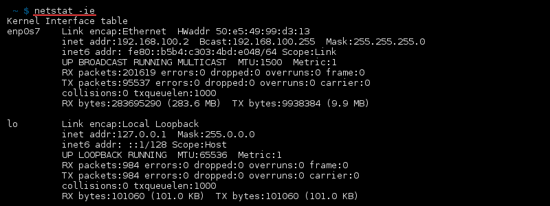 Terminal output of the command netstat -ie