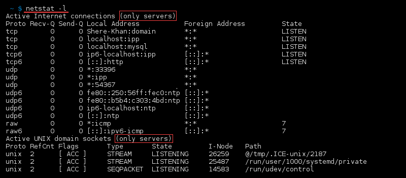 Terminal output of the command netstat -l