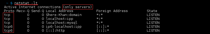 Terminal output of the command netstat -lt