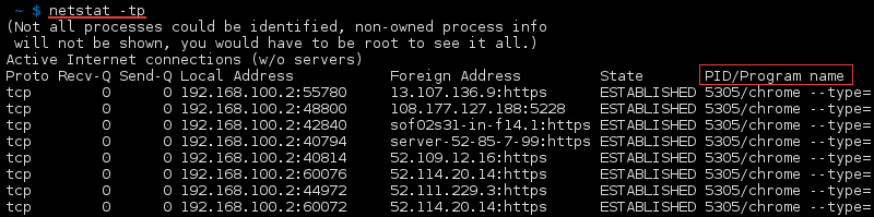 Terminal output of the command netstat -tp