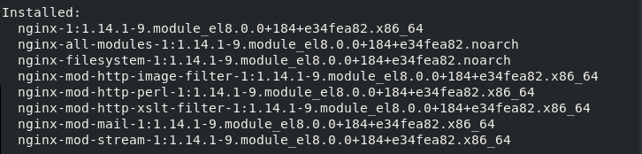 Output confirming Nginx has been successfully installed on your CentOS 8.