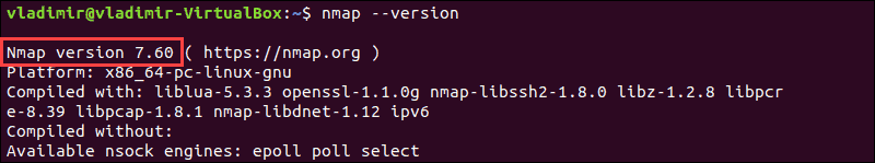 example output of checking Nmap version with output version 7.60