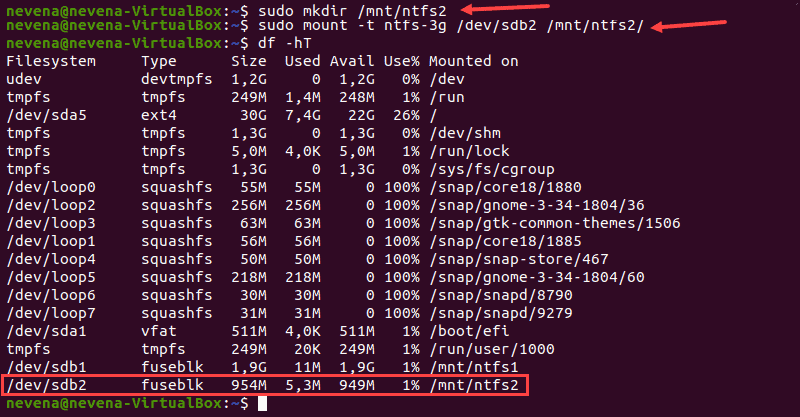 The process of mounting an NTFS partition with read-and-write permissions.