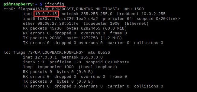 Obtain Raspberry Pi IP address using ifconfig.