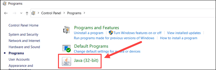 example of opening the Java Control Panel