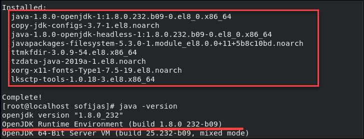 output confirming OpenJRE is installed on CentOS 8