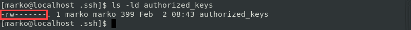 Checking the permissions of the authorized_keys file