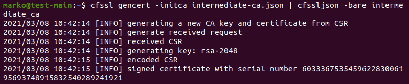 Creating the necessary files and signing the intermediate CA using cfssl