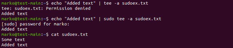 Using the sudo command to obtain write access for the tee command