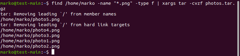 Using the xargs command to compress files into a tar.gz archive