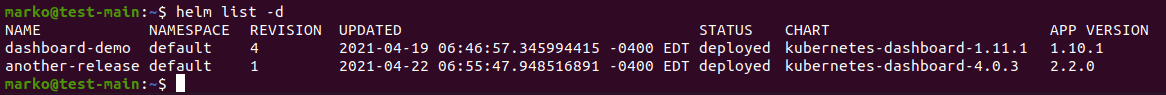 Using the -d option to sort the output of helm list by date