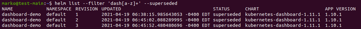 Using helm list to list superseded releases