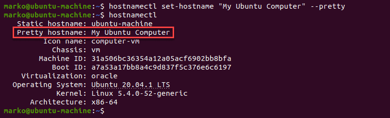 Changing the pretty hostname using hostnamectl command with --pretty option