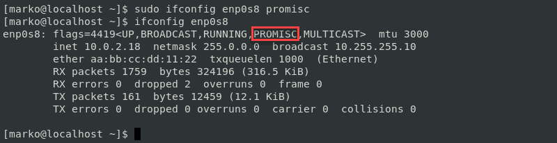 Confirming a successful activation of promiscuous mode for a network interface in CentOS 7